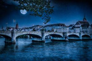 Switzerland Houses Rivers Bridges Basel Night Moon 591937 600x400