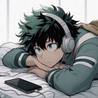 Deku wearing headphone