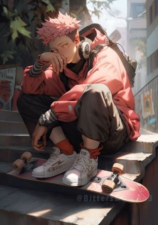 Sukuna wearing headphone
