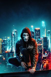 anonymus mask boy rooftop buildings 5k hq