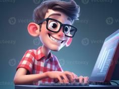 cartoon boy with glasses typing on a com