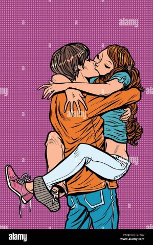 couple in love hugs passionate kiss man holding woman in his arms T27YG0