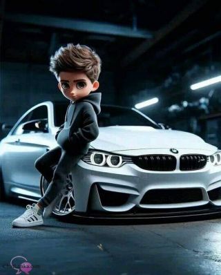 A boy standing beside a car